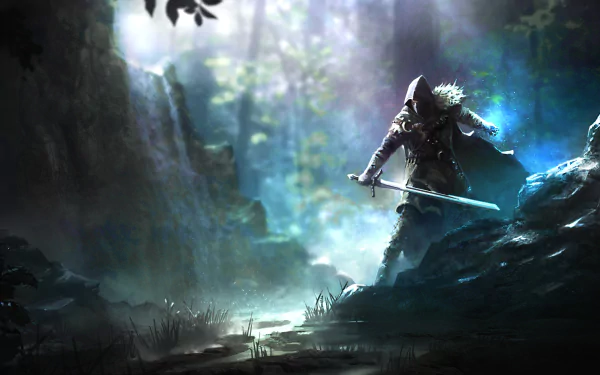 A warrior with a sword stands in a misty forest, illuminated by ethereal light, from the video game ELEX in stunning 4K Ultra HD quality.