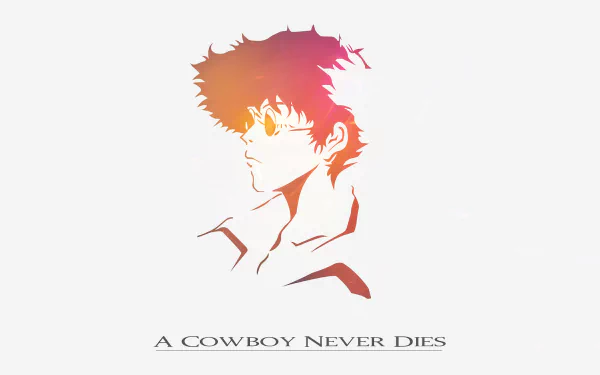 HD PC desktop wallpaper of Spike Spiegel from Cowboy Bebop anime, featuring a minimalist portrait with the text A Cowboy Never Dies beneath.