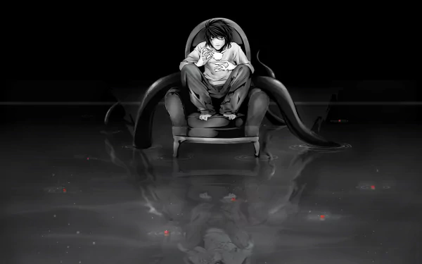 HD anime desktop wallpaper featuring L from Death Note seated on a dark, ornate chair, reflecting in a shadowy surface with a minimalist black background.
