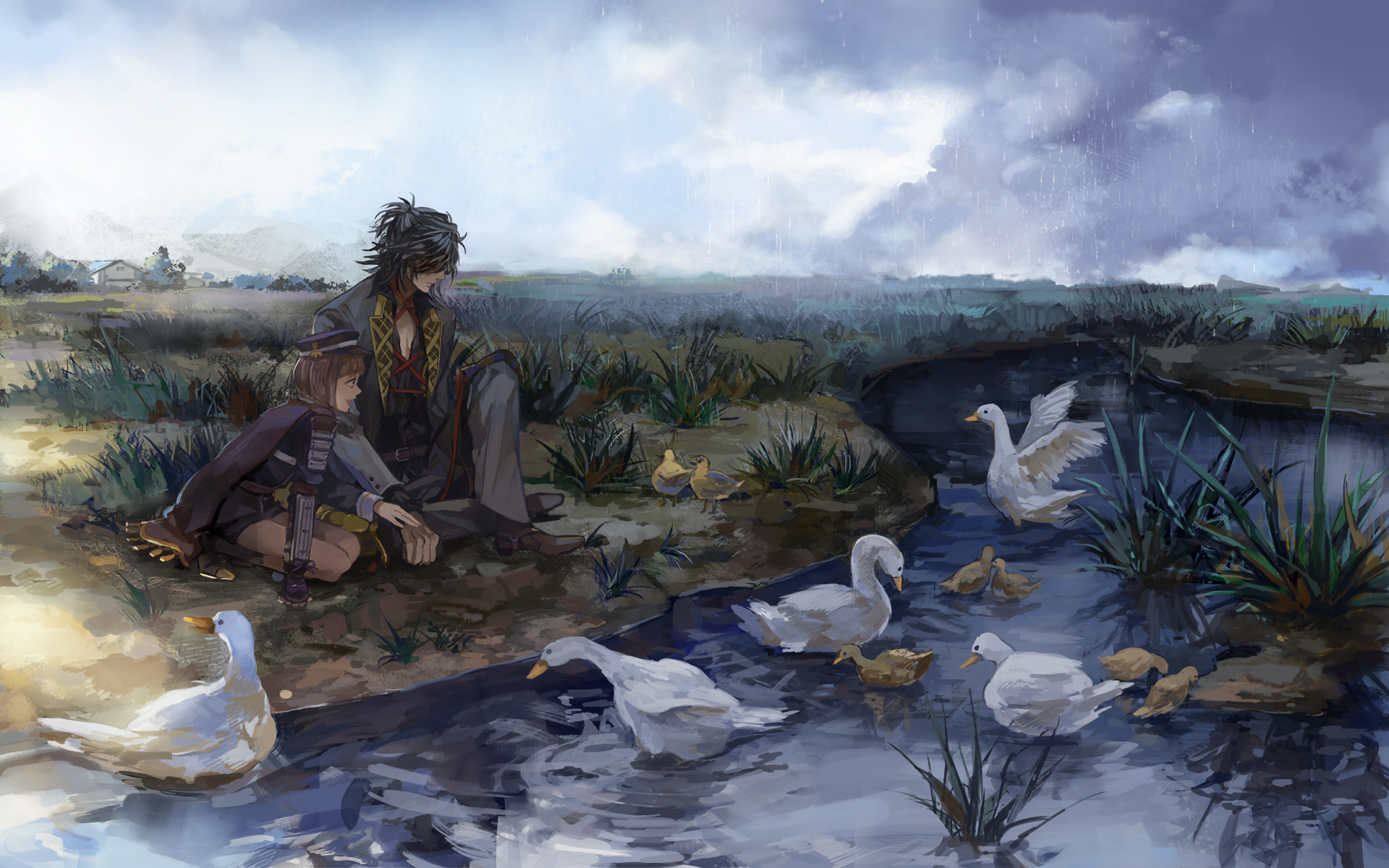 HD PC desktop wallpaper of anime Touken Ranbu characters Maeda Toushirou and Oodenta Mitsuyo sitting by a marsh while swans and ducklings drift beneath a cloudy sky.