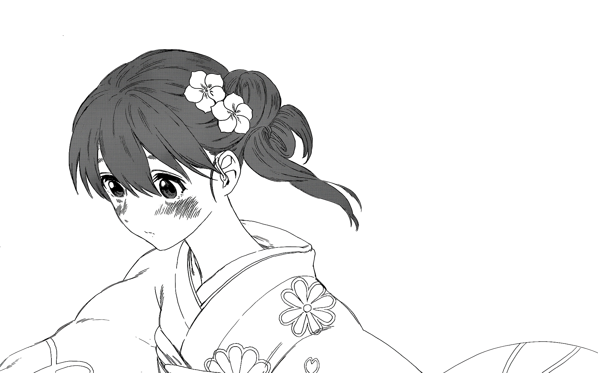 Black and white HD anime desktop wallpaper featuring Shouko Nishimiya from A Silent Voice, dressed in a floral kimono with flowers in her hair.