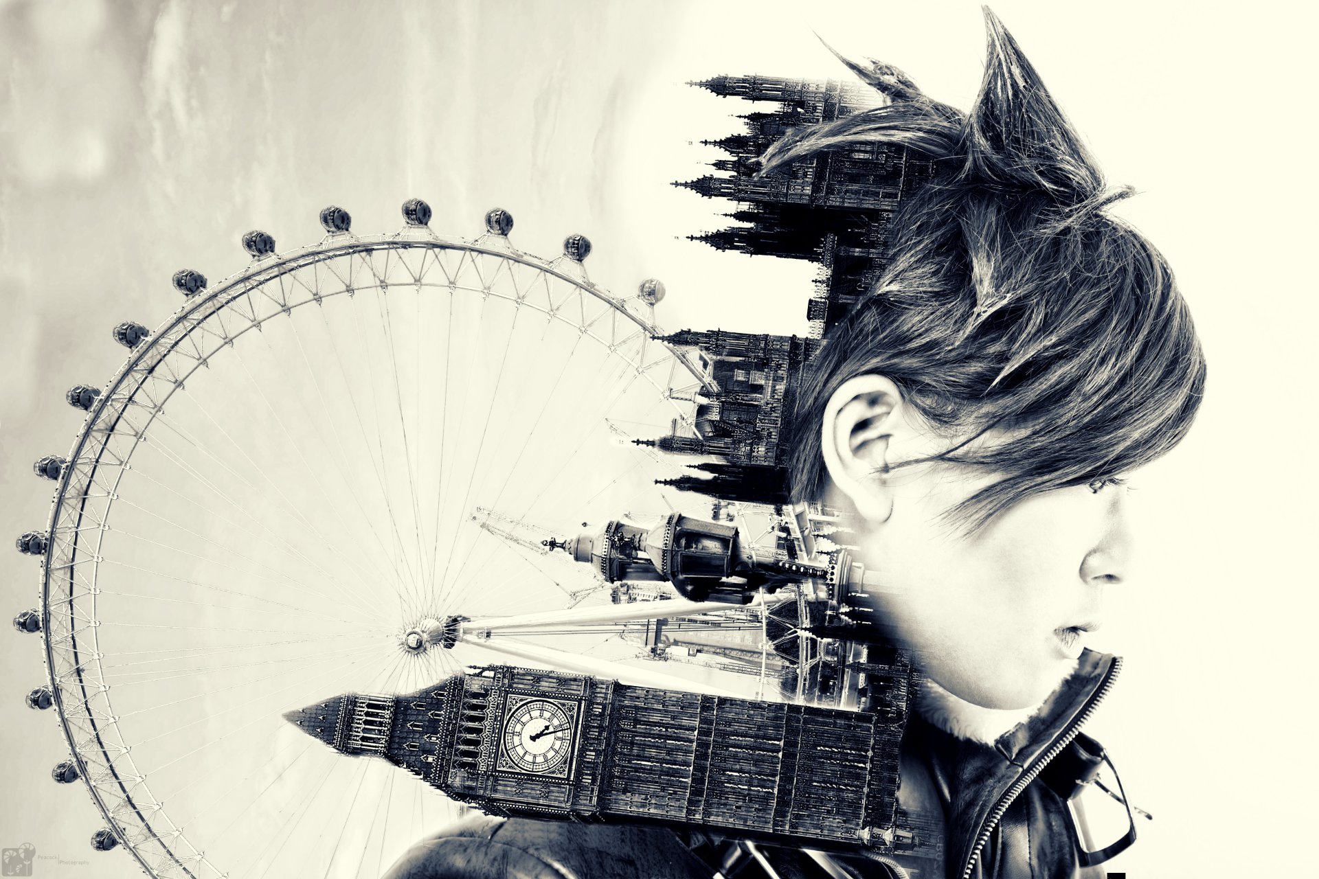 4K Ultra HD desktop wallpaper featuring a woman cosplaying Tracer from Overwatch, with a creative cityscape and London Eye integrated into the design.