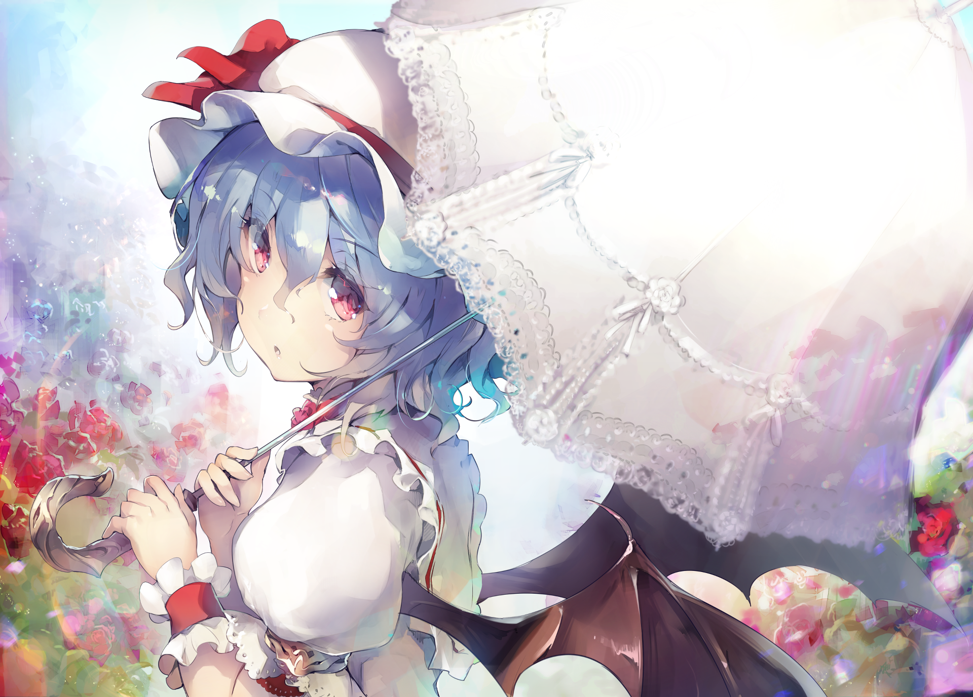 HD anime desktop wallpaper featuring Remilia Scarlet from Touhou, holding a white parasol with vibrant floral background and soft light effects.