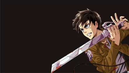 HD desktop wallpaper featuring Eren Yeager from the anime Attack on Titan, depicted in a dynamic pose with a determined expression and holding a large, bloodied sword against a dark background.