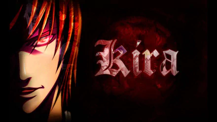 HD desktop wallpaper featuring Light Yagami, also known as Kira, from the anime Death Note, with a dark background and Kira written in gothic font.