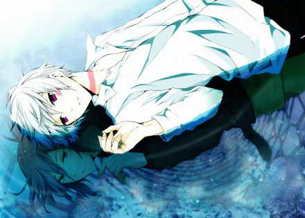 HD anime wallpaper featuring Shion with short white hair and red eyes, reflected in water alongside Nezumi from No. 6.