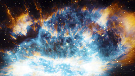 HD desktop wallpaper featuring a vibrant blue nebula with bright stars scattered across the space, illuminating the cosmic scenery. The image is enhanced with sci-fi elements using Photoshop.
