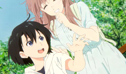 HD desktop wallpaper featuring Yuzuru Nishimiya and Shouko Nishimiya from the anime A Silent Voice, set against a vibrant outdoor background.