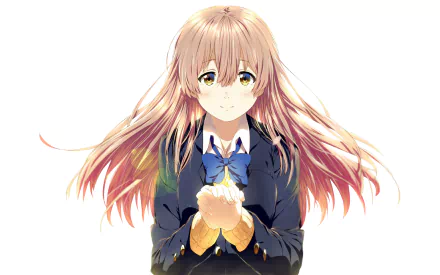 HD desktop wallpaper featuring Shouko Nishimiya from the anime A Silent Voice, with her holding her hands together, set against a white background.