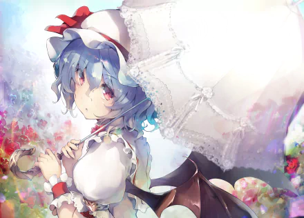 HD anime desktop wallpaper featuring Remilia Scarlet from Touhou, holding a white parasol with vibrant floral background and soft light effects.