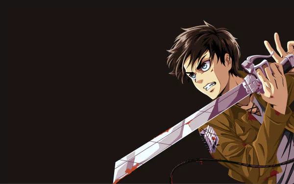 HD desktop wallpaper featuring Eren Yeager from the anime Attack on Titan, depicted in a dynamic pose with a determined expression and holding a large, bloodied sword against a dark background.