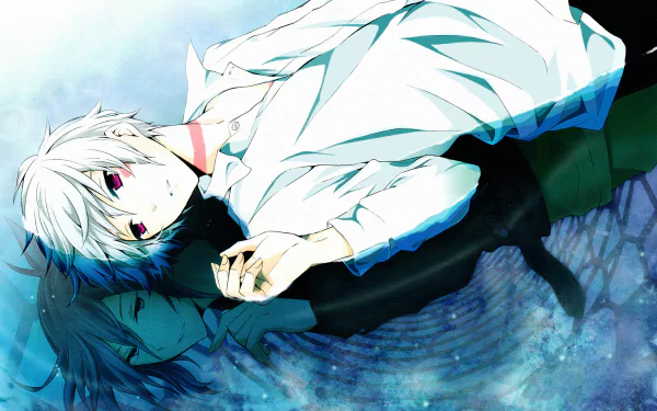 HD anime wallpaper featuring Shion with short white hair and red eyes, reflected in water alongside Nezumi from No. 6.