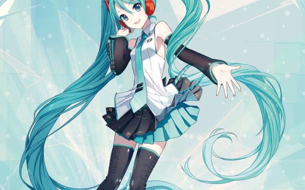 Anime Vocaloid Hatsune Miku Long Hair Twintails Aqua Hair Aqua Eyes Skirt Tie Thigh Highs Headphones Smile Blush HD Wallpaper | Background Image