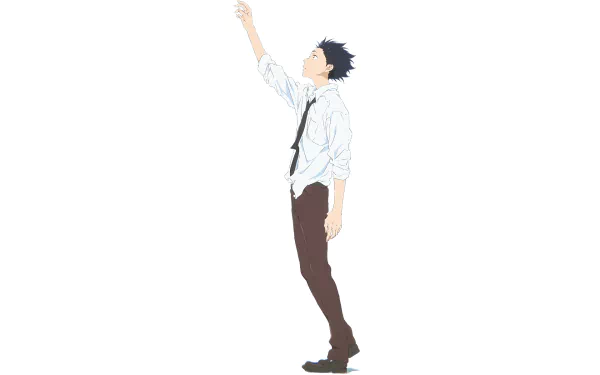 HD PC desktop wallpaper featuring Shouya Ishida from the anime A Silent Voice, depicted standing and reaching upward on a clean white background.
