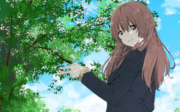 HD desktop wallpaper featuring Shouko Nishimiya from the anime A Silent Voice, with lush green trees and a bright blue sky in the background.