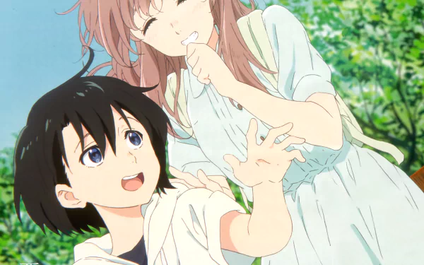 HD desktop wallpaper featuring Yuzuru Nishimiya and Shouko Nishimiya from the anime A Silent Voice, set against a vibrant outdoor background.