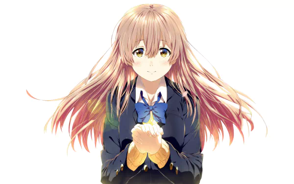 HD desktop wallpaper featuring Shouko Nishimiya from the anime A Silent Voice, with her holding her hands together, set against a white background.