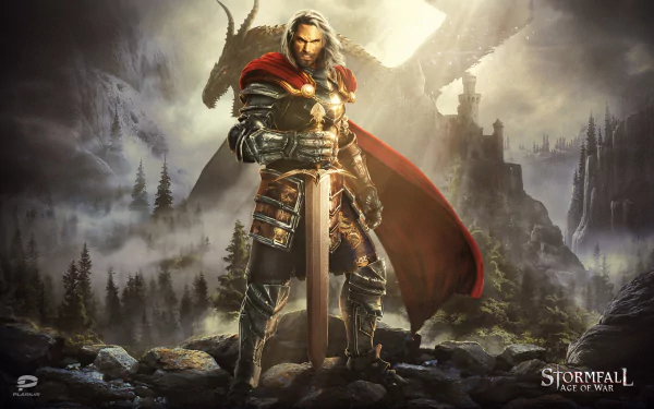 HD desktop wallpaper from Stormfall: Age of War featuring a warrior in armor holding a sword with a dragon and dark castle backdrop in a fantasy video game setting.