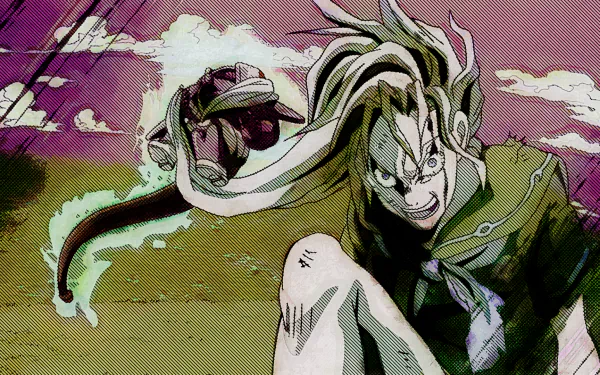 HD PC desktop wallpaper of Yukako Yamagishi with Echoes from JoJo's Bizarre Adventure, intense pose and wind-swept hair against a violet, cloud-streaked sky.