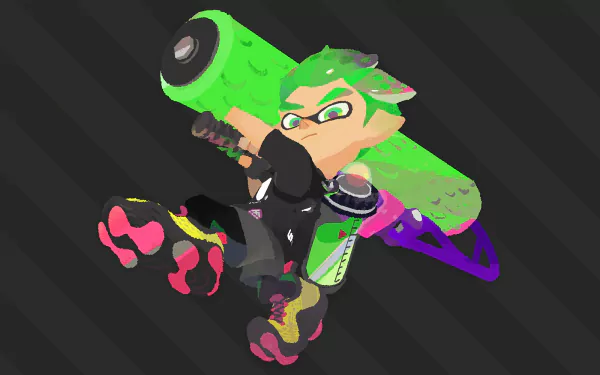 HD desktop wallpaper featuring an Inkling character from Splatoon 2, holding a green and purple weapon, set against a dark background. 