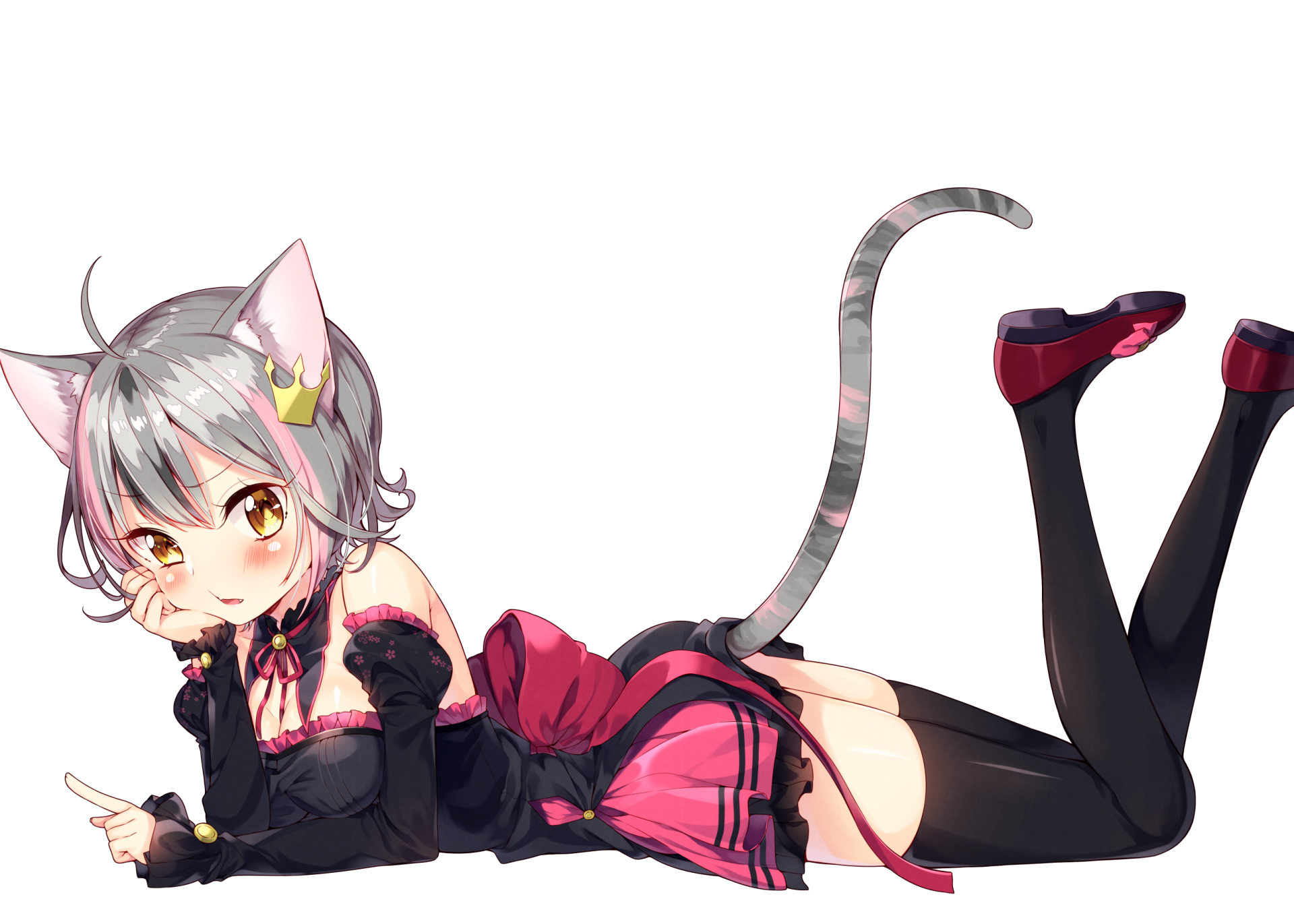 HD anime-style original artwork of a catgirl with gray hair, yellow eyes, and a pink and black outfit, lying down against a white background, designed as a PC desktop wallpaper.