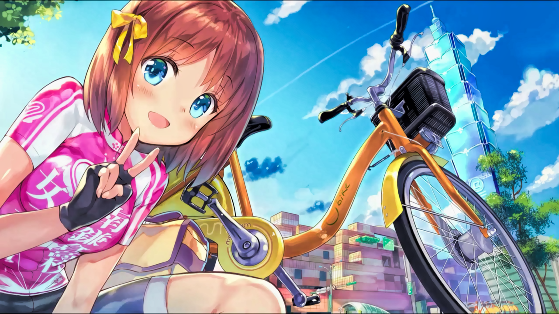 Anime HD desktop wallpaper featuring a cheerful girl with brown hair and blue eyes posing next to a yellow bicycle, inspired by Minami Kamakura Koukou Joshi Jitensha-bu.