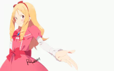 HD anime desktop wallpaper featuring Elf Yamada from EroManga-Sensei in a vibrant pink outfit with an outstretched hand against a clean white background.