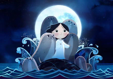 HD wallpaper featuring a scene from the movie 'Song of the Sea,' showing a child surrounded by seals with a full moon backdrop amidst swirling ocean waves.