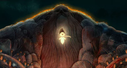 HD PC desktop wallpaper: scene from the movie Song of the Sea — a glowing selkie-child floats inside the chest of a giant sleeping stone guardian amid shadowed rock and warm light.