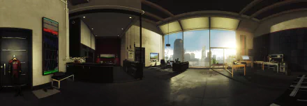 Sunlit futuristic apartment interior from Prey (Video Game) with panoramic city skyline view — 2K Quad HD PC desktop wallpaper and background.
