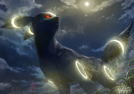 HD desktop wallpaper and background featuring Umbreon, a dark-type Pokémon from the anime series Pokémon. Umbreon is glowing majestically at night with a moonlit sky in the background.