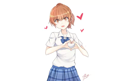 HD desktop wallpaper featuring Shouko Nishimiya from the anime A Silent Voice, depicted in a school uniform making a heart shape with her hands, surrounded by small hearts.