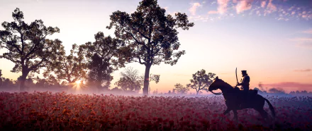 HD desktop wallpaper of Battlefield 1 featuring a scenic sunset background with a soldier on horseback riding through a field of red flowers, framed by tall trees.