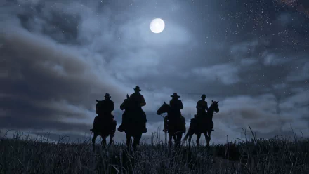 A stunning HD wallpaper from Red Dead Redemption 2 showcasing silhouetted cowboys on horseback under a moonlit night sky.