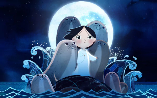 HD wallpaper featuring a scene from the movie 'Song of the Sea,' showing a child surrounded by seals with a full moon backdrop amidst swirling ocean waves.