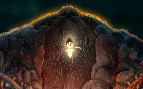 HD PC desktop wallpaper: scene from the movie Song of the Sea — a glowing selkie-child floats inside the chest of a giant sleeping stone guardian amid shadowed rock and warm light.
