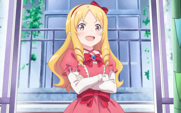 HD wallpaper featuring Elf Yamada from the anime EroManga-Sensei, standing with a cheerful expression outside a building with a balcony in the background.