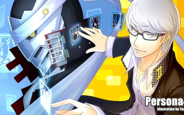 HD PC desktop wallpaper featuring Yu Narukami from the video game Persona 4, depicted with a confident pose and vibrant, stylized background elements.