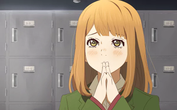 HD desktop wallpaper featuring Naho Takamiya from the anime Orange, showing her standing in front of lockers with her hands clasped.