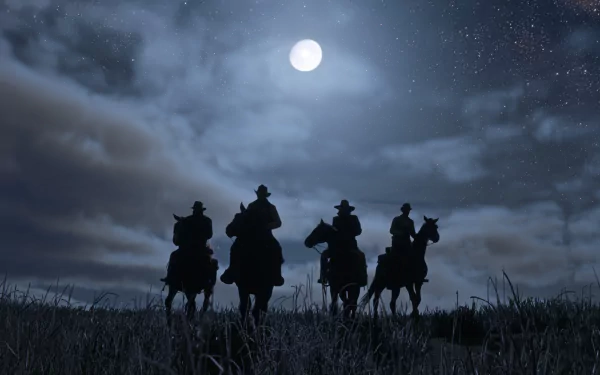A stunning HD wallpaper from Red Dead Redemption 2 showcasing silhouetted cowboys on horseback under a moonlit night sky.