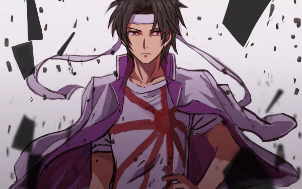 HD anime wallpaper featuring Gunha Sogiita from A Certain Magical Index with short brown hair, red eyes, and a determined expression amidst flying debris.