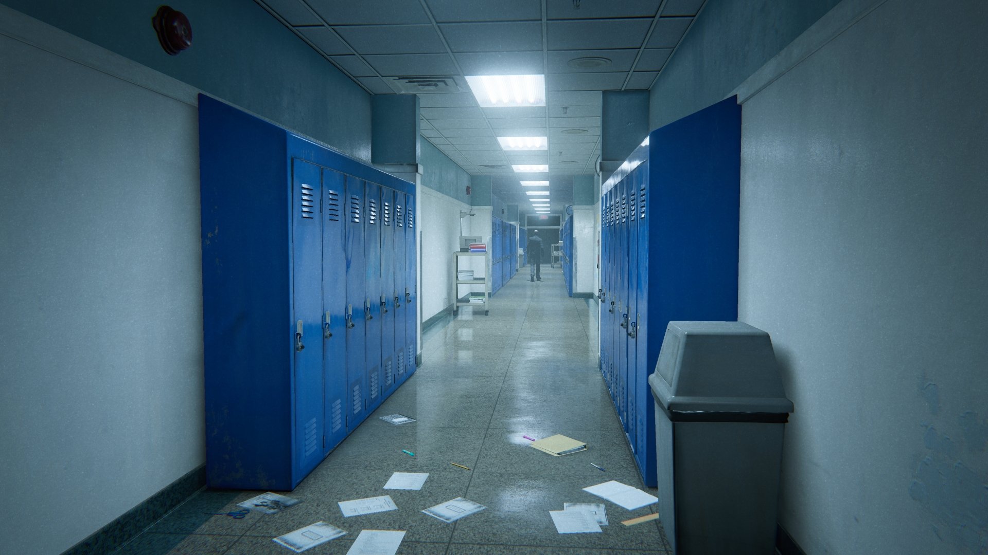 HD desktop wallpaper featuring a deserted school hallway with blue lockers, scattered papers, and dim lighting, from the video game Outlast 2.