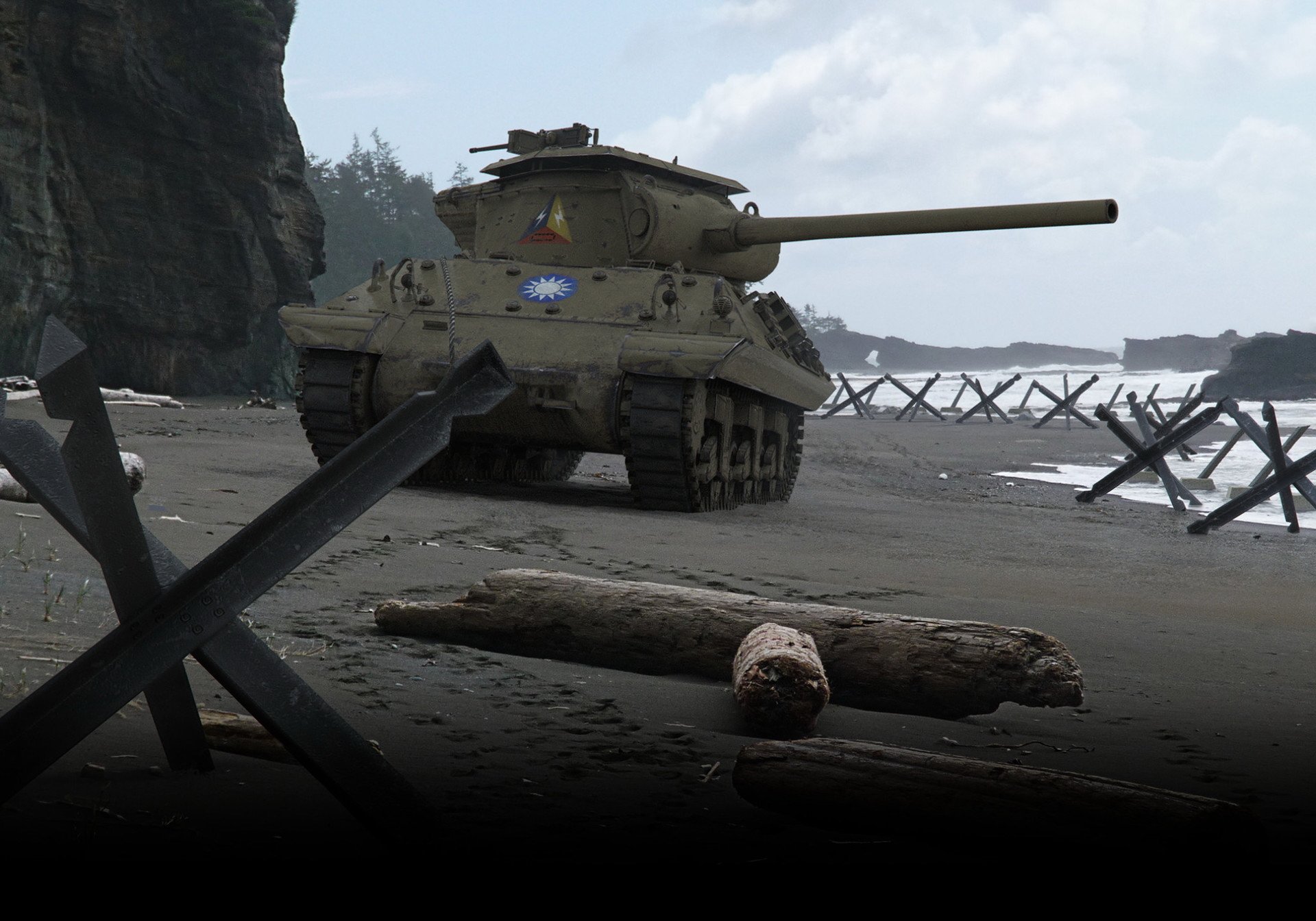 HD desktop wallpaper featuring an M4 Sherman tank on a beach, inspired by the World of Tanks video game.