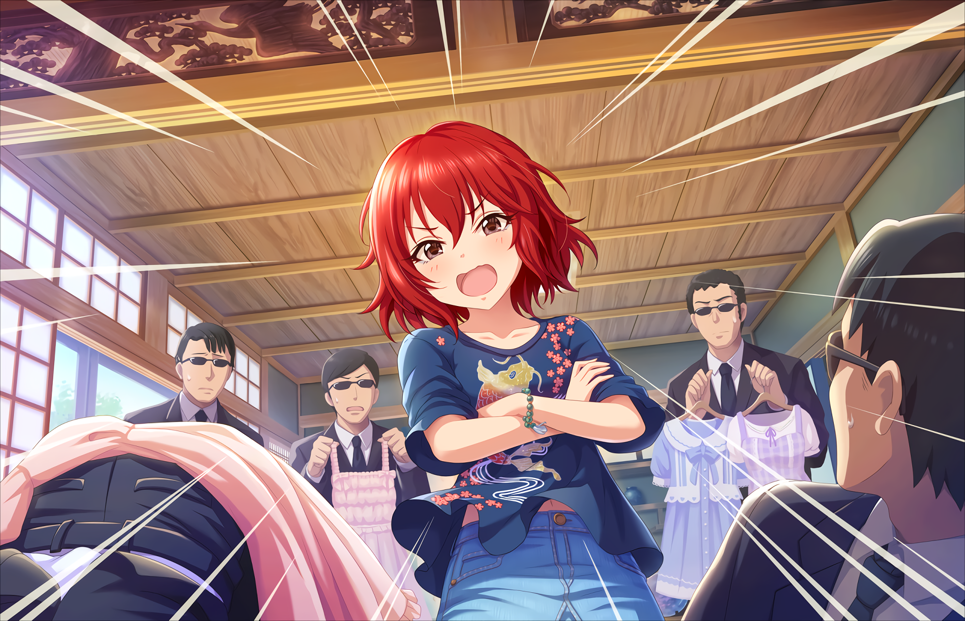 HD PC desktop wallpaper of Tomoe Murakami (anime, THE iDOLM@STER: Cinderella Girls Starlight Stage): red‑haired idol beams confidently in a sunlit room as suited attendants react around her.