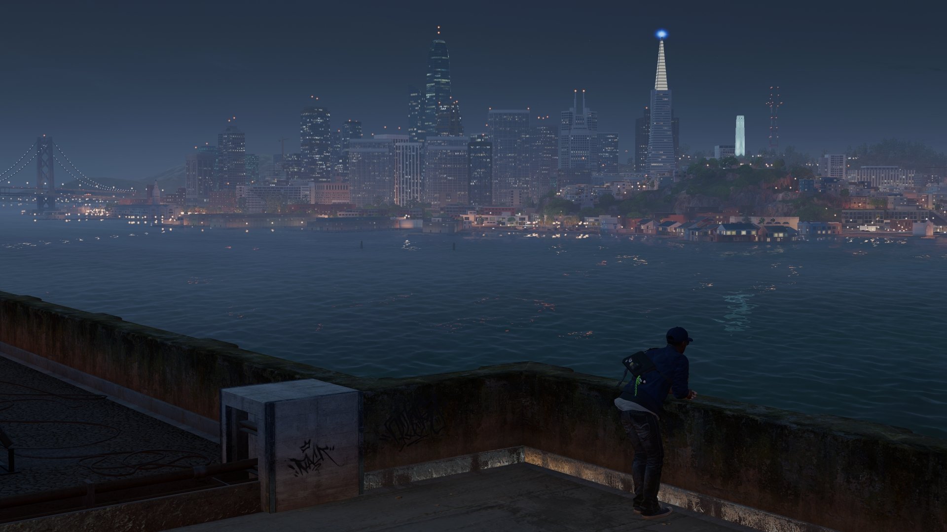 Nighttime cityscape from Watch Dogs 2, captured in 4K Ultra HD, showcasing a character overlooking a foggy waterfront with illuminated skyscrapers in the background.