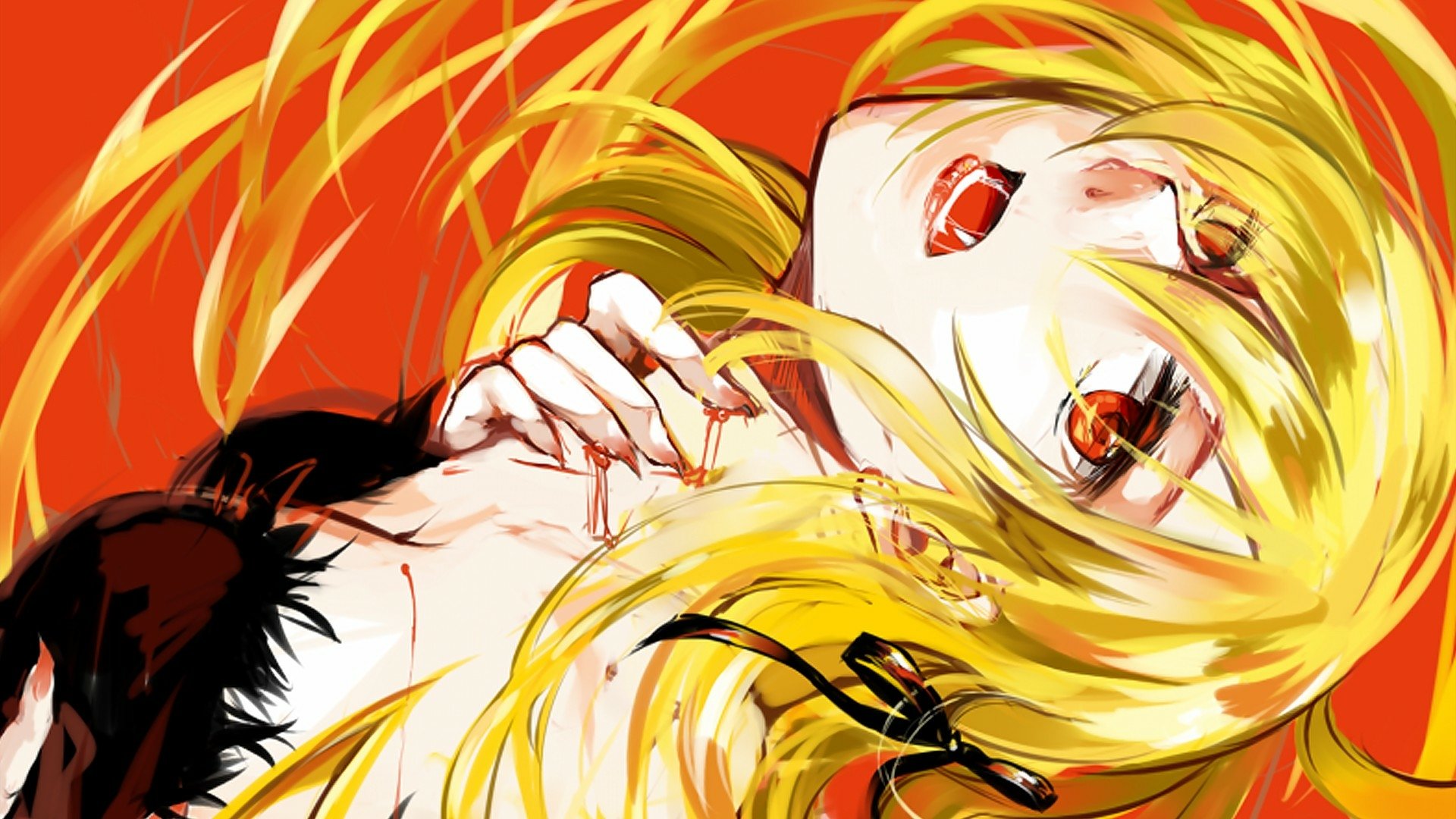 HD PC wallpaper featuring Shinobu Oshino from the Monogatari series, showcasing vibrant yellow hair and striking red eyes in an anime style inspired by Kiss-shot Acerola-orion Heart-under-blade.