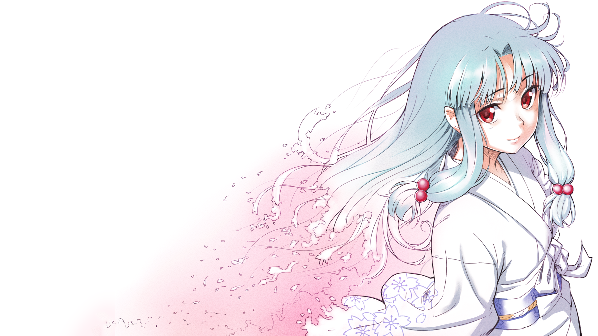 Anime-style HD PC desktop wallpaper featuring a character from Tsugumomo with long blue hair and a traditional white outfit against a white and pink gradient background.