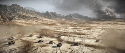 4K Ultra HD Battlefield 3 wallpaper depicting M1 Abrams tanks maneuvering across a vast desert landscape under a cloudy sky.
