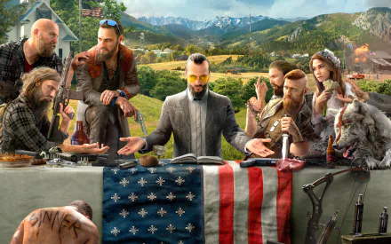 HD desktop wallpaper featuring characters from the video game Far Cry 5, set in a scenic rural backdrop with mountains.