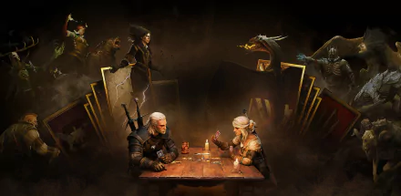HD desktop wallpaper featuring Ciri and Geralt of Rivia from Gwent: The Witcher Card Game, engaged in a card game with mystical creatures and characters in the background.